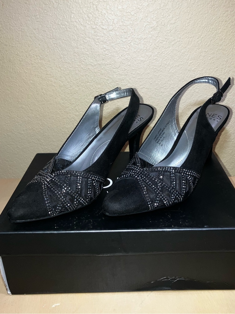 Jones New York Black Beaded Slingback Heels